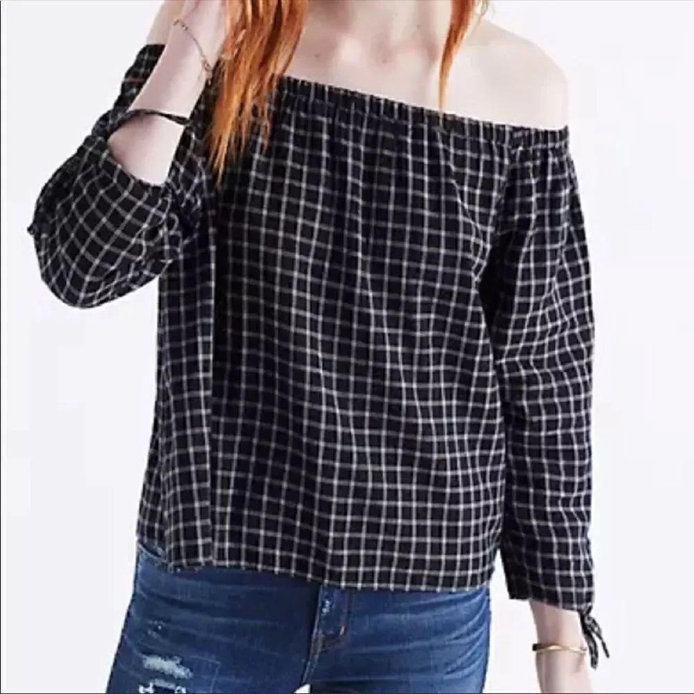 Madewell Black and White Grid Plaid Off the Shoulder Top size M